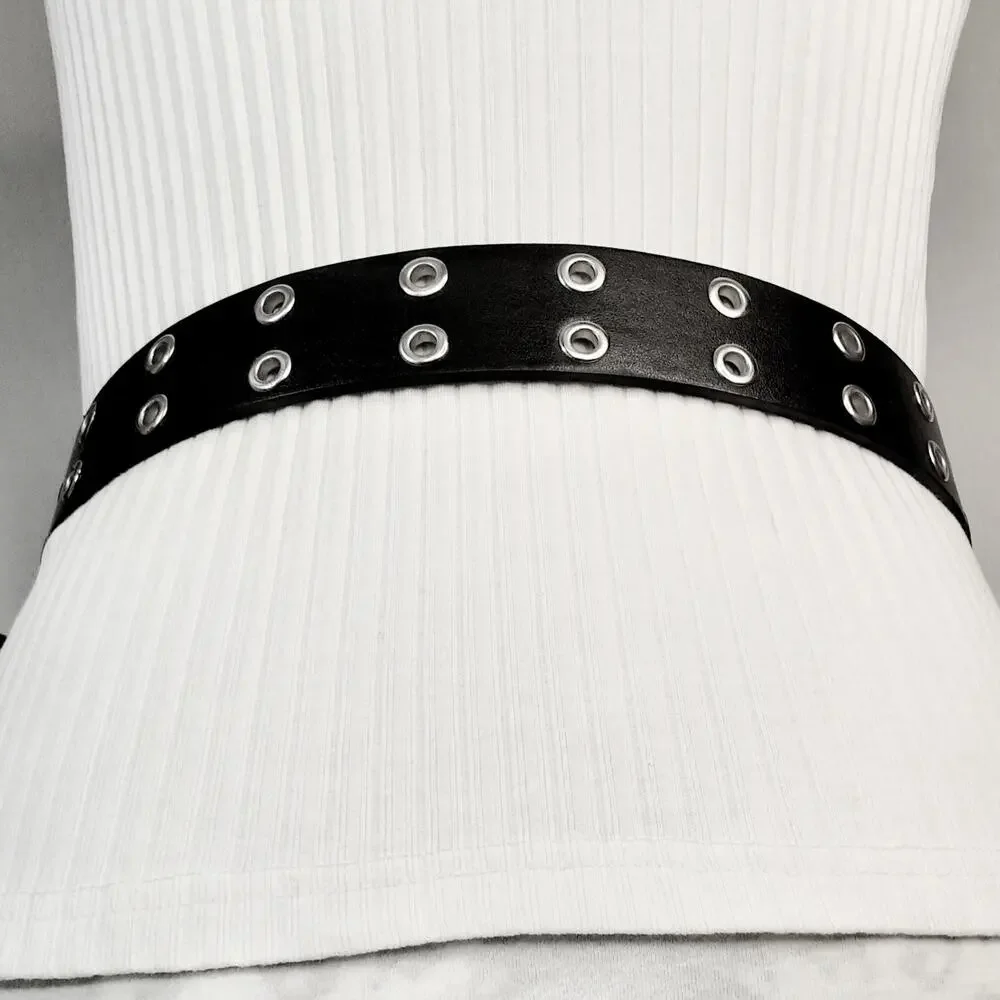 💎Black Unisex Double Silver Tone Grommet Faux Leather Belt Size XL Punk Rock